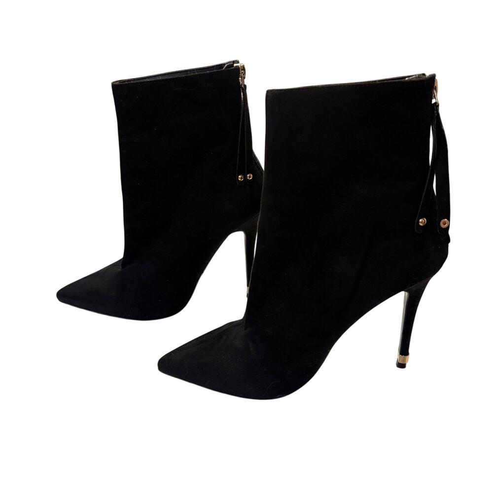 NEW Topshop Ella Black Suede Pointed Toe Stiletto Ankle Boots Gold Accent US 7.5
